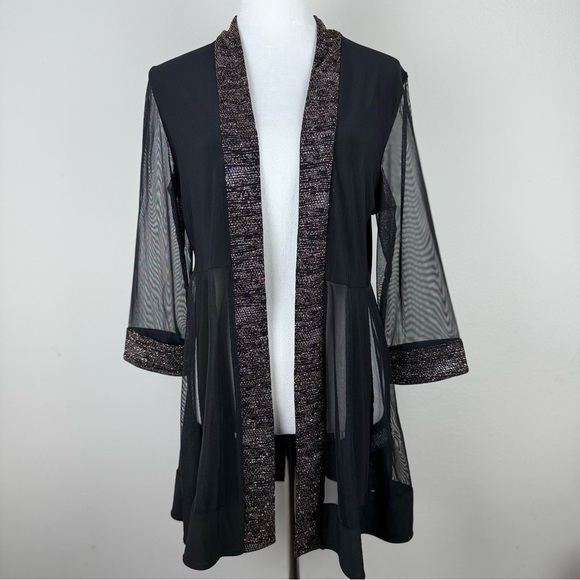 R&M Richards Women’s Black Sheer Kimono Cardigan with Metallic Trim – Size 10 - Picture 2 of 11